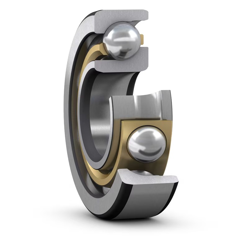 Cutaway view of a double-row angular contact ball bearing with brass cage and raceways