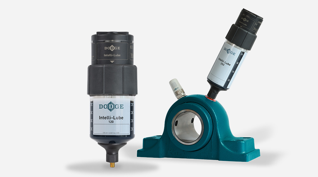 Dodge Intelli-Lube automated lubrication units on a mounted bearing