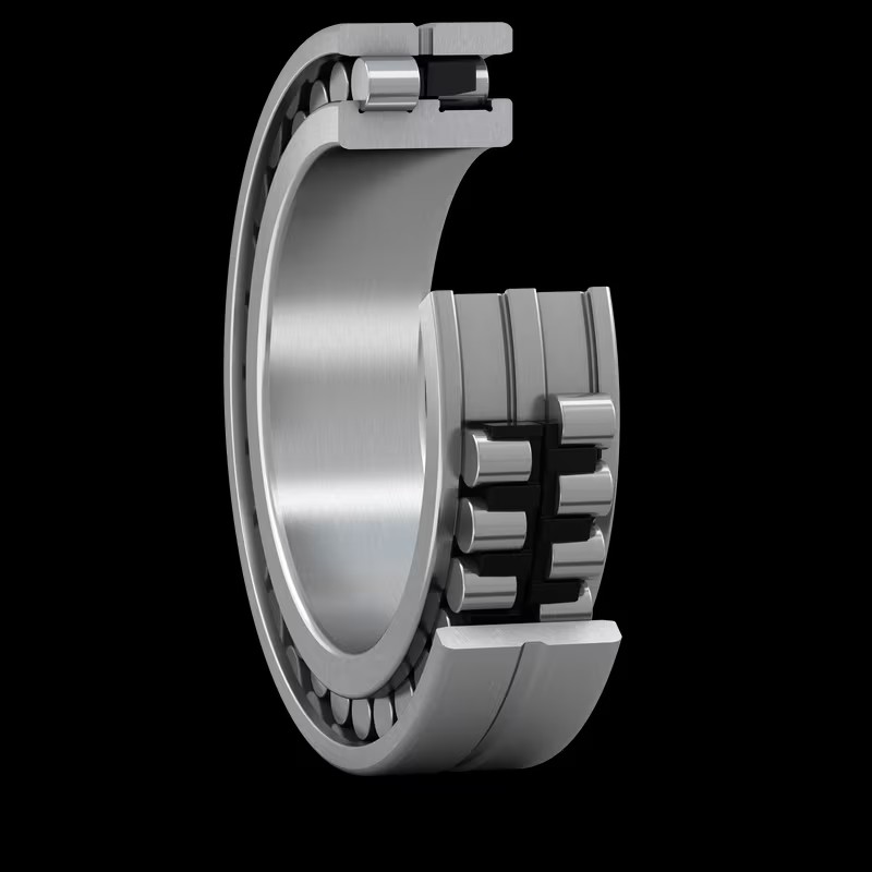 Cutaway view of a double-row cylindrical roller bearing showing rollers, cage, and raceways
