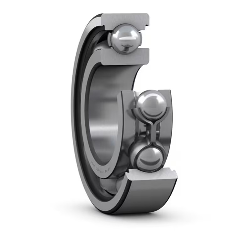 Cutaway view of a single-row deep groove ball bearing showing balls, cage, and raceways