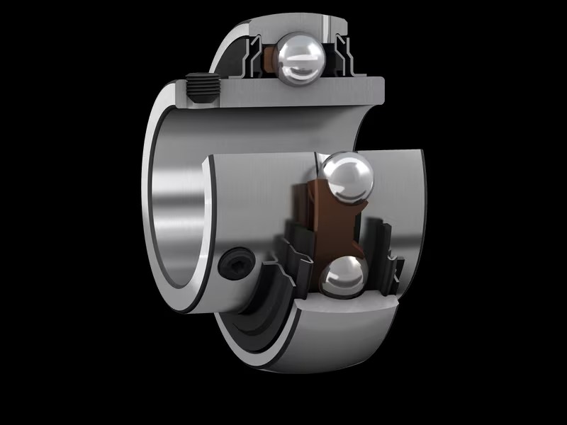 Dodge UC setscrew ball bearing insert cutaway showing wide inner ring and locking screws